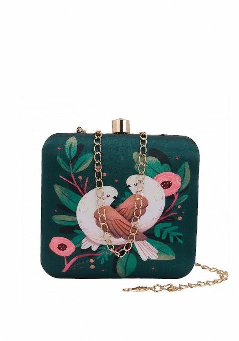 Green White Printed Box Clutch