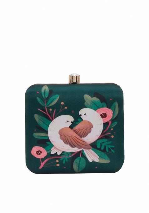 Green White Printed Box Clutch