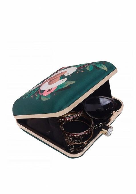 Green White Printed Box Clutch