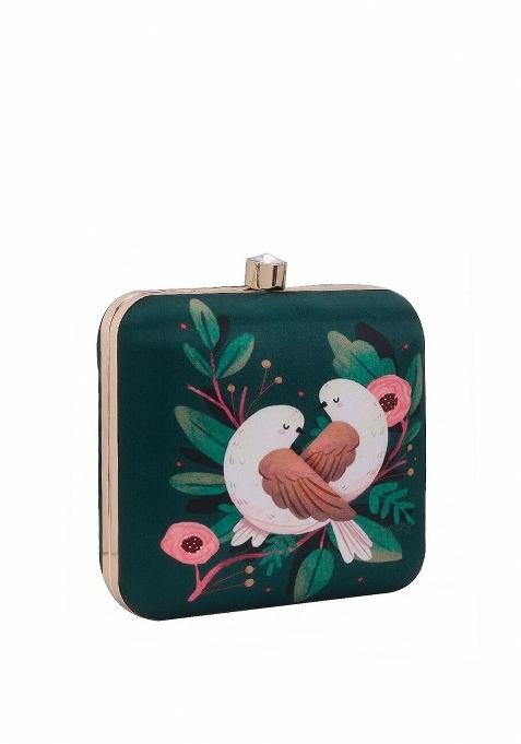 Green White Printed Box Clutch
