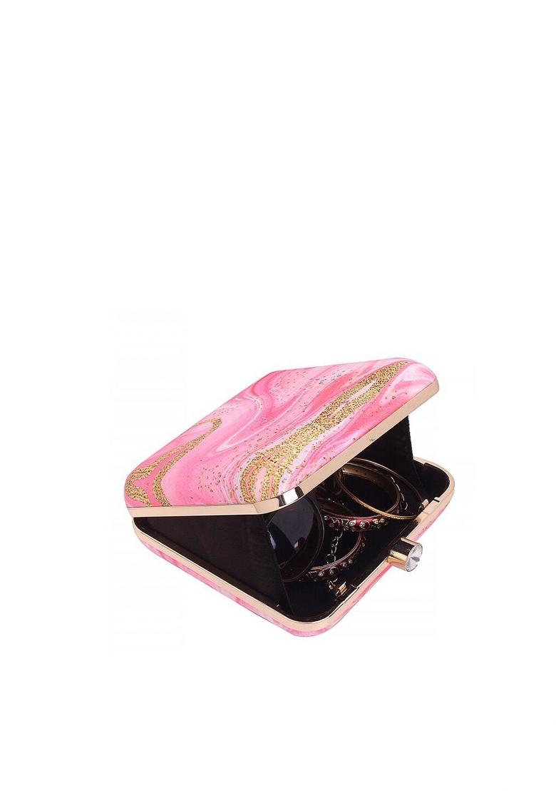Women Pink Gold Toned Embellished Fabric Box Clutch