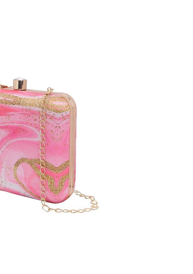 Women Pink Gold Toned Embellished Fabric Box Clutch