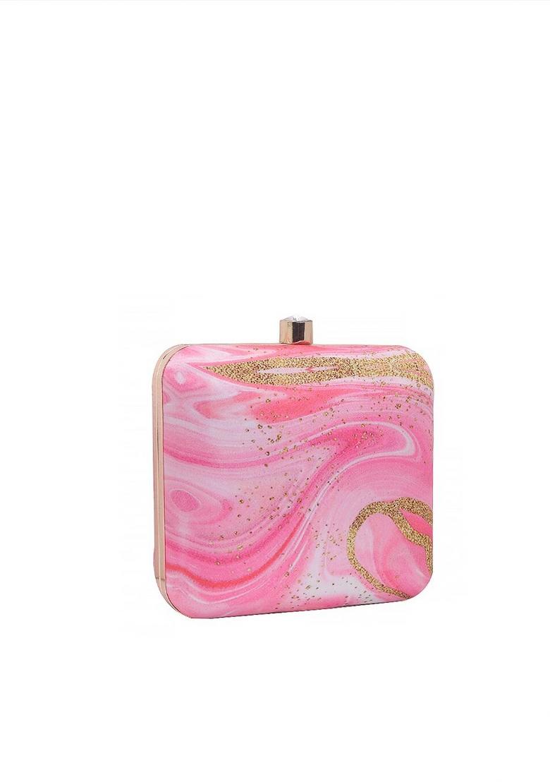 Women Pink Gold Toned Embellished Fabric Box Clutch