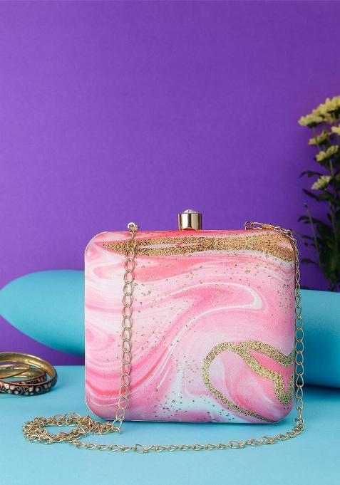 Women Pink Gold Toned Embellished Fabric Box Clutch