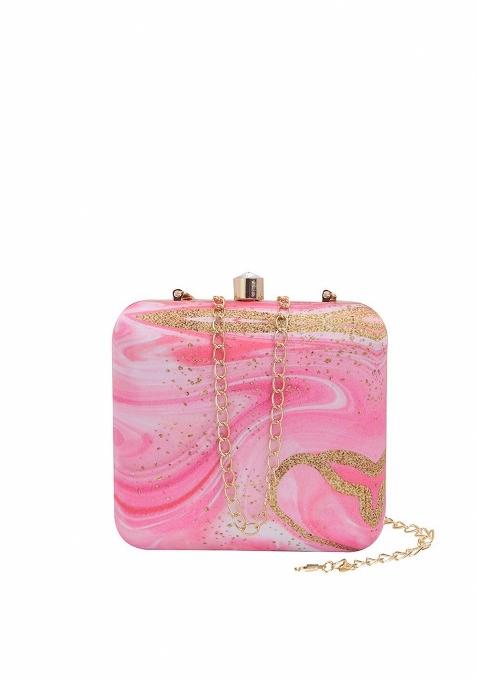 Women Pink Gold Toned Embellished Fabric Box Clutch