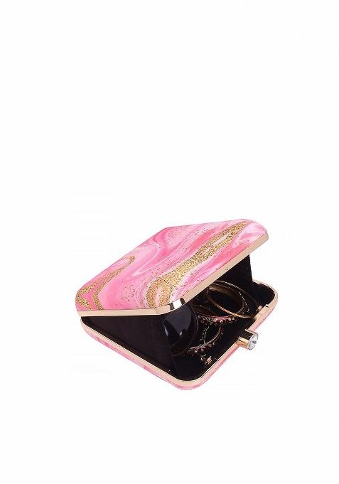 Women Pink Gold Toned Embellished Fabric Box Clutch