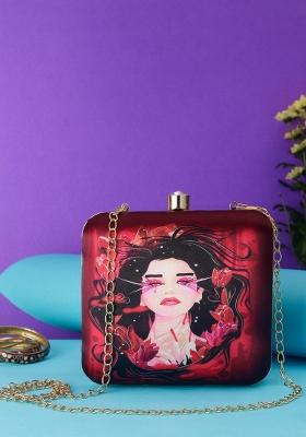 Maroon Black Printed Box Clutch