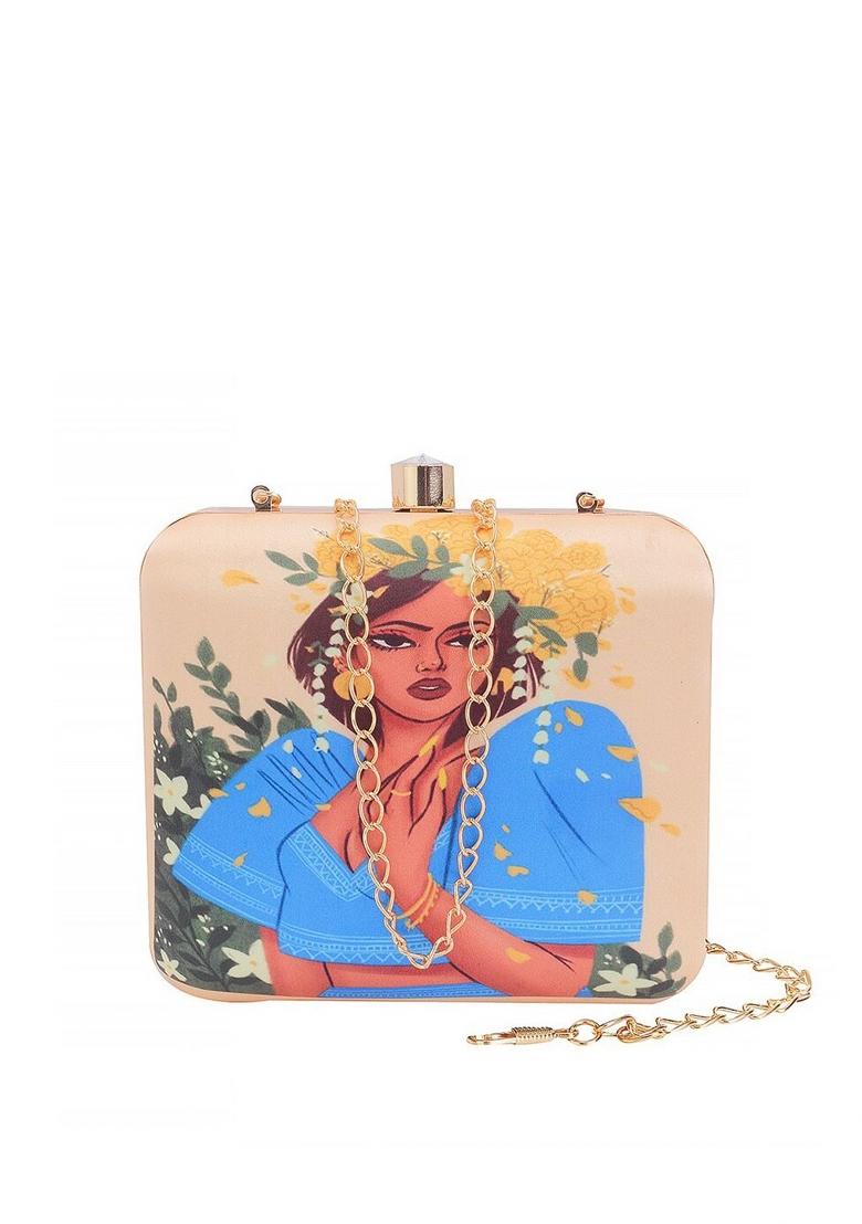 Beige Blue Printed Designer Box Clutch