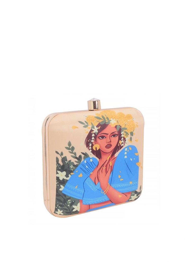 Beige Blue Printed Designer Box Clutch