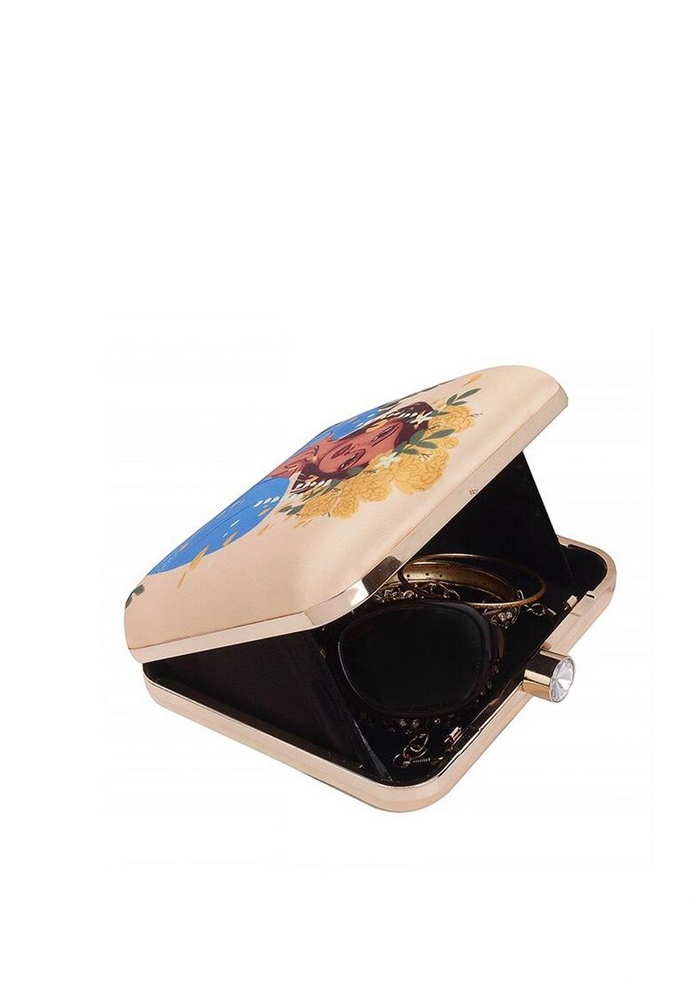 Beige Blue Printed Designer Box Clutch