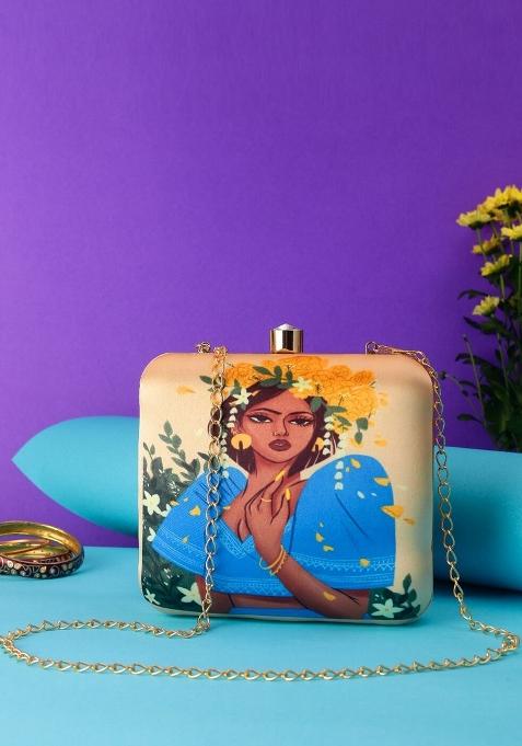 Beige Blue Printed Designer Box Clutch