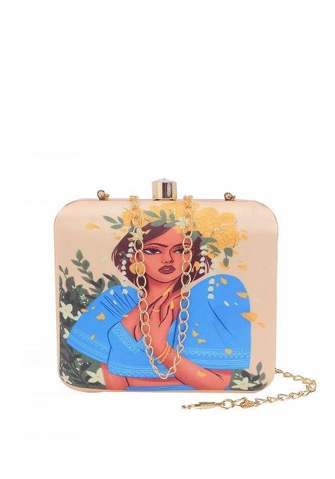 Beige Blue Printed Designer Box Clutch