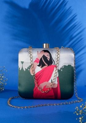 Women Green Red Printed Box Clutch