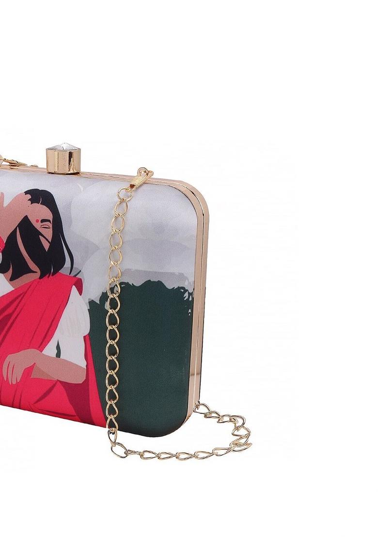 Women Green Red Printed Box Clutch