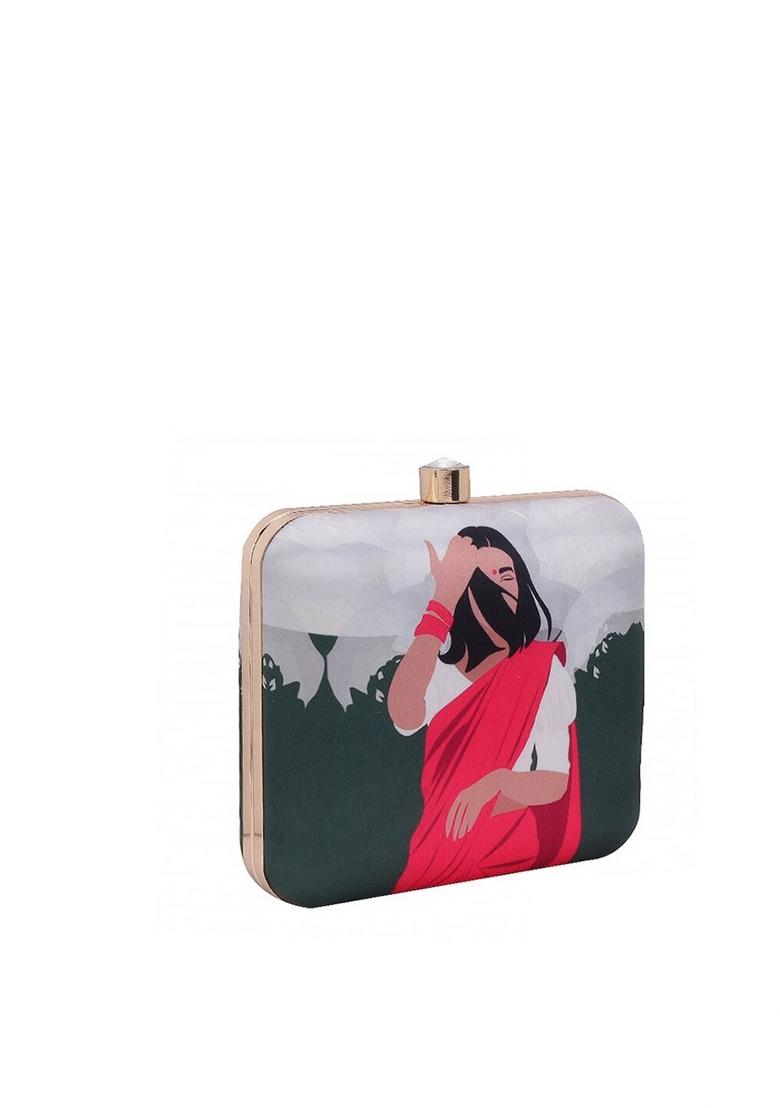 Women Green Red Printed Box Clutch