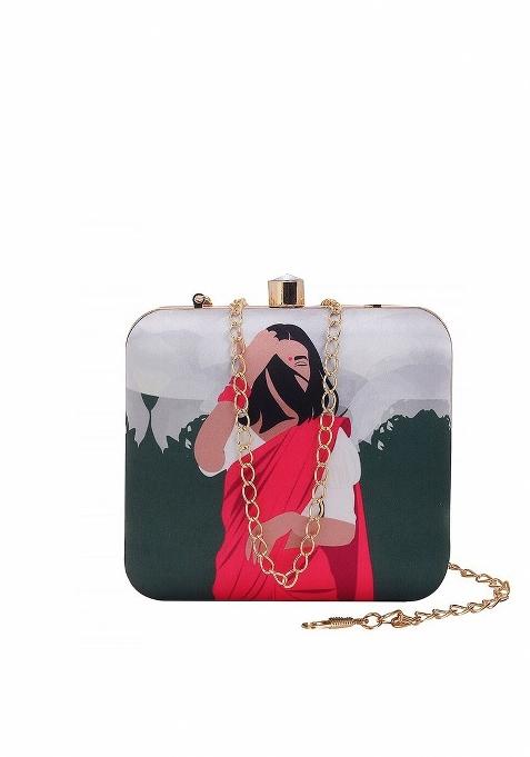 Women Green Red Printed Box Clutch