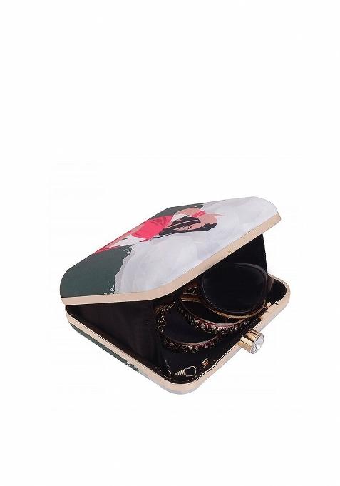 Women Green Red Printed Box Clutch