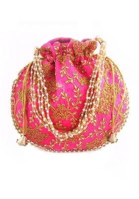 Pink Embroidered Silk Potli
