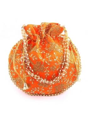Orange Embroidered Silk Potli