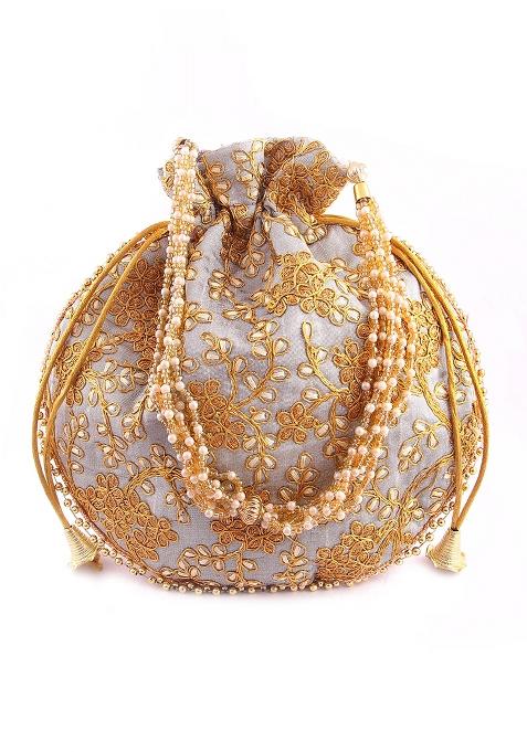 Grey Embroidered Silk Potli