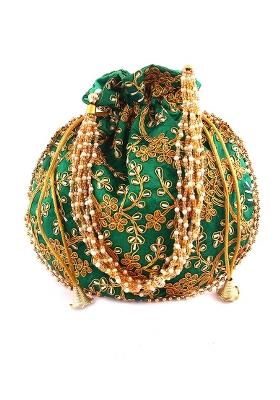 Green Embroidered Silk Potli