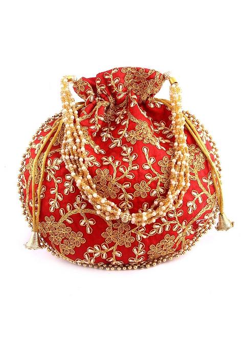 Red Embroidered Silk Potli