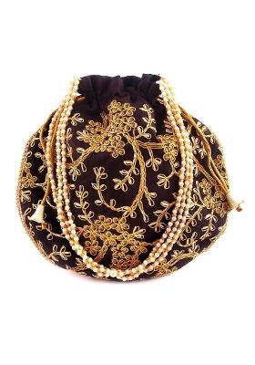 Black Embroidered Silk Potli