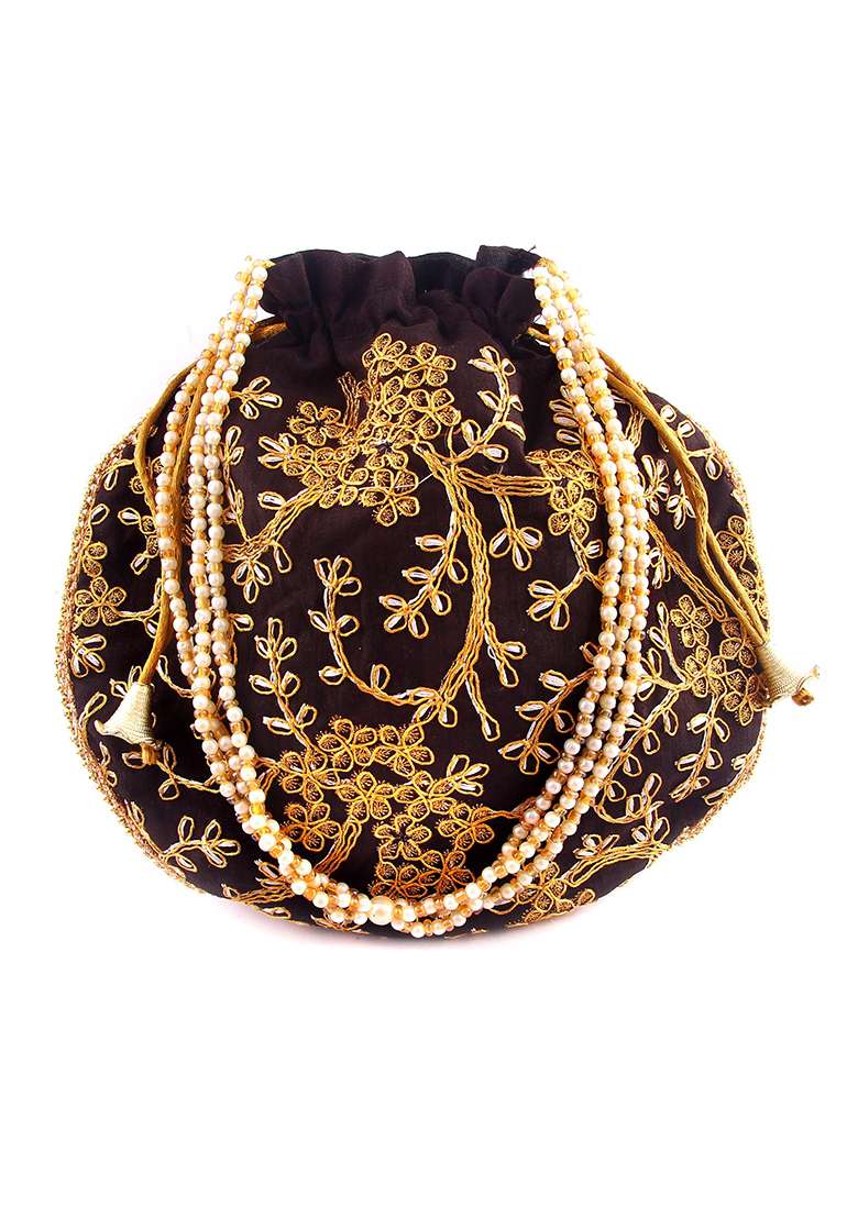 Black Embroidered Silk Potli - Indya