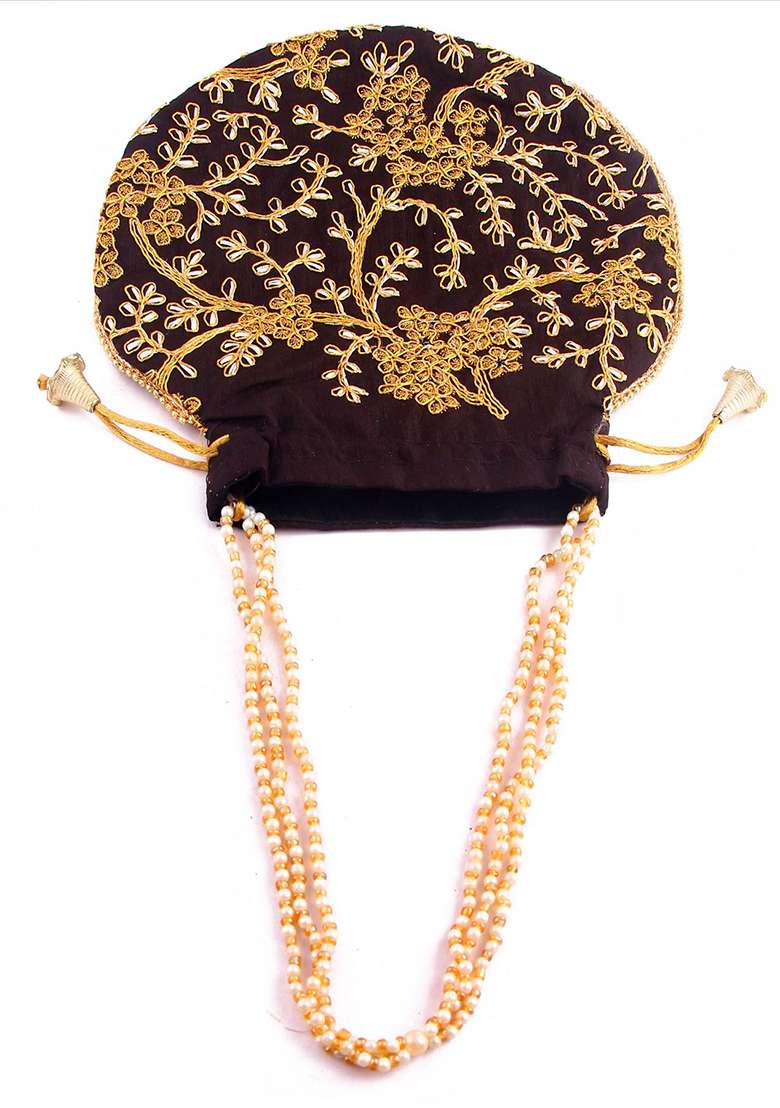 Black Embroidered Silk Potli - Indya