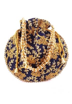 Blue Embroidered Silk Potli