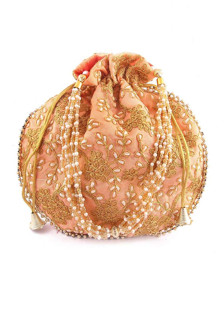 Peach Embroidered Silk Potli - Indya