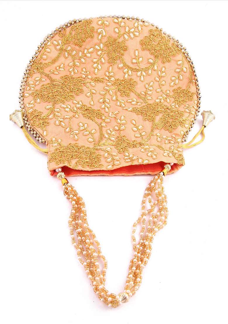 Peach Embroidered Silk Potli - Indya