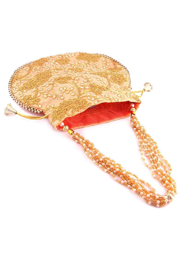 Peach Embroidered Silk Potli - Indya