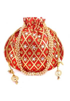 Red Embellished Silk Potli