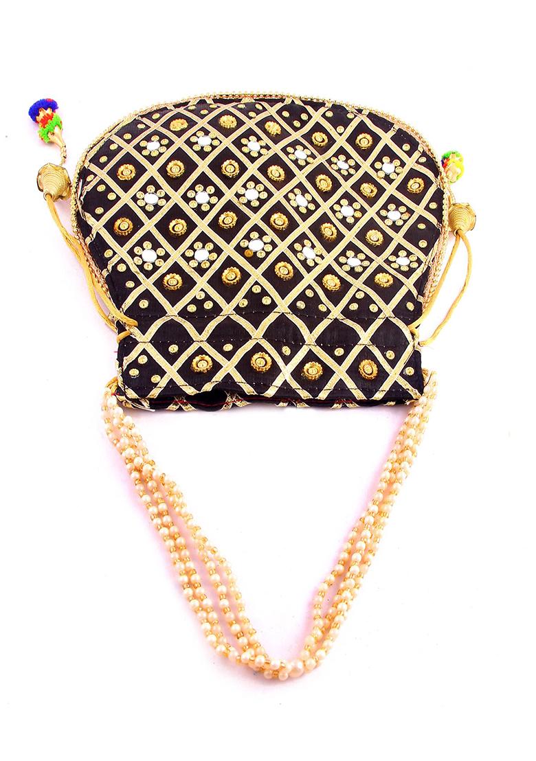 Black Embellished Silk Potli - Indya
