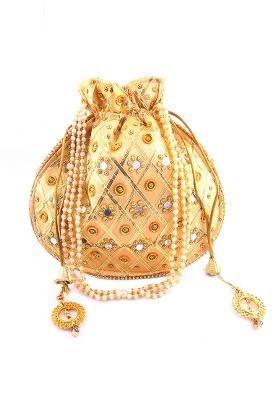 Beige Embellished Silk Potli