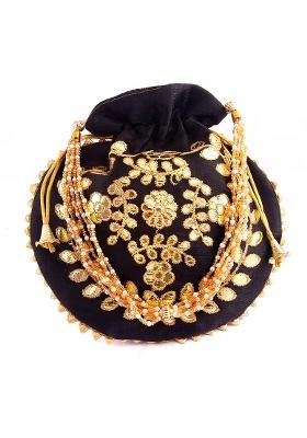 Black Embellished Silk Potli