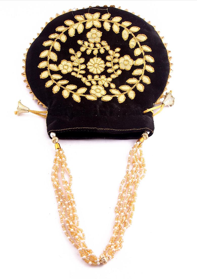 Black Embellished Silk Potli - Indya