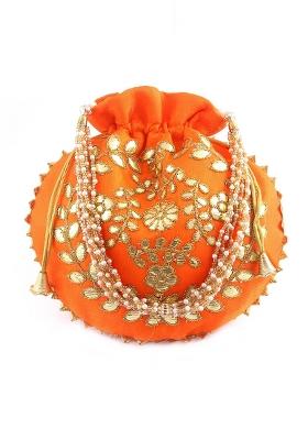 Orange Embellished Silk Potli