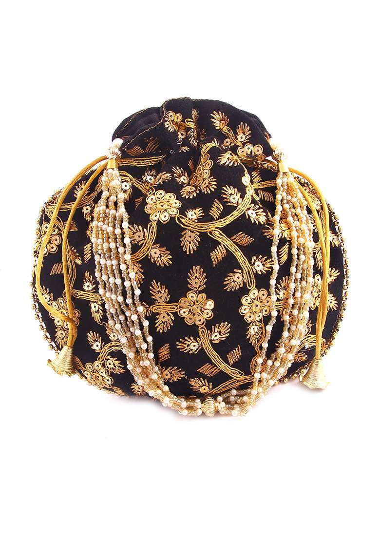 Black Embellished Velvet Potli - Indya