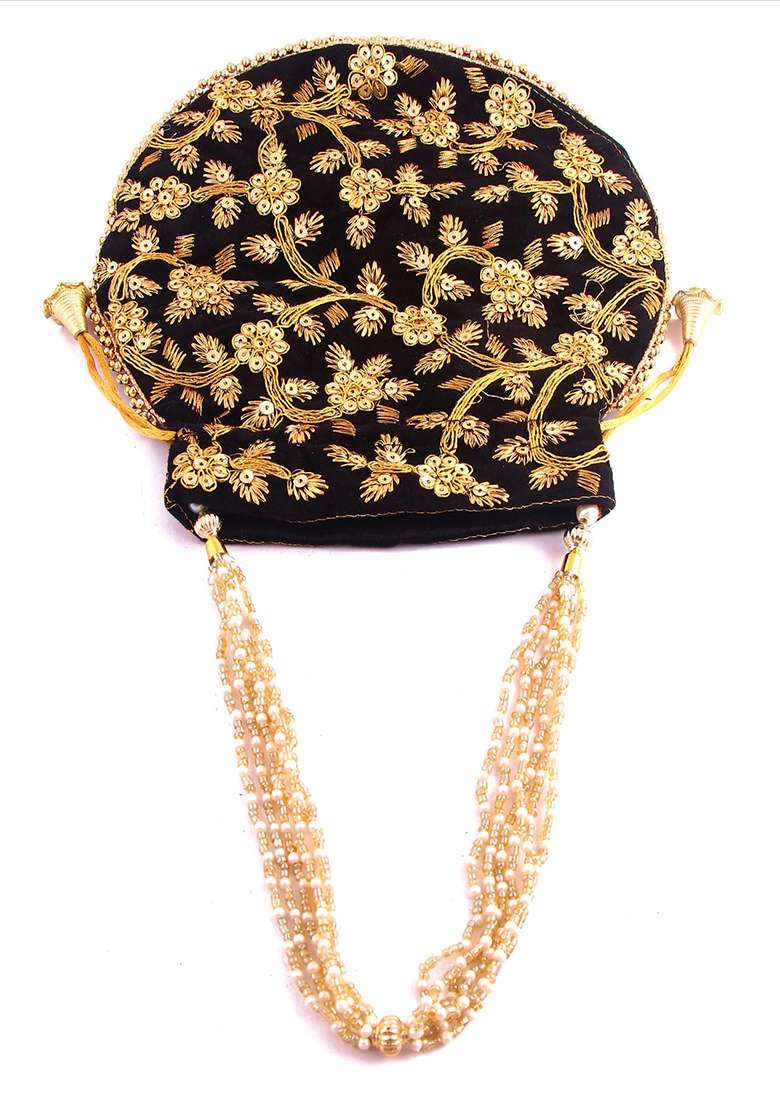 Black Embellished Velvet Potli - Indya