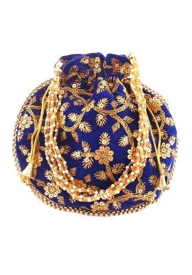 Blue Embellished Velvet Potli