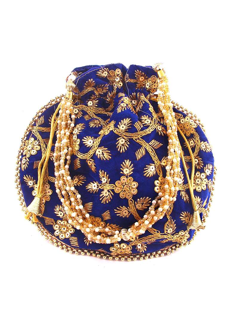 Blue Embellished Velvet Potli - Indya