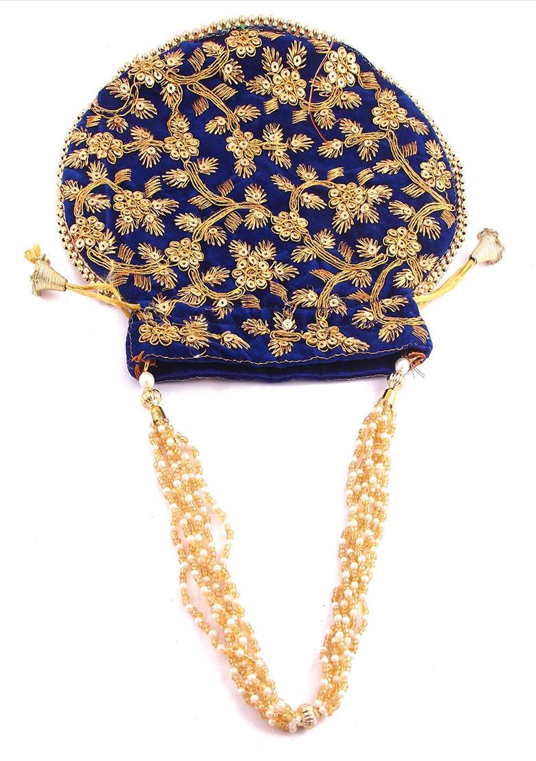 Blue Embellished Velvet Potli - Indya