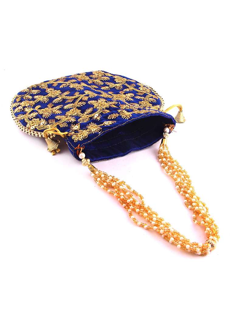 Blue Embellished Velvet Potli - Indya