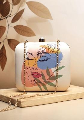 Off White Printed Satin Clutches