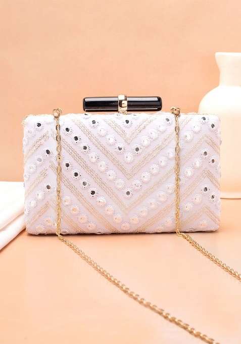 White Embroidered Satin Clutches