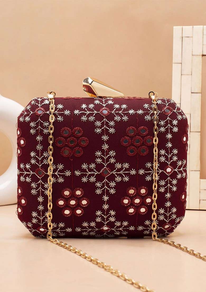 Maroon Embroidered Satin Clutches - Indya