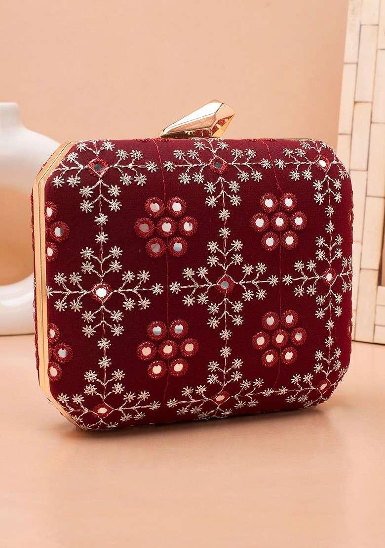 Maroon Embroidered Satin Clutches - Indya