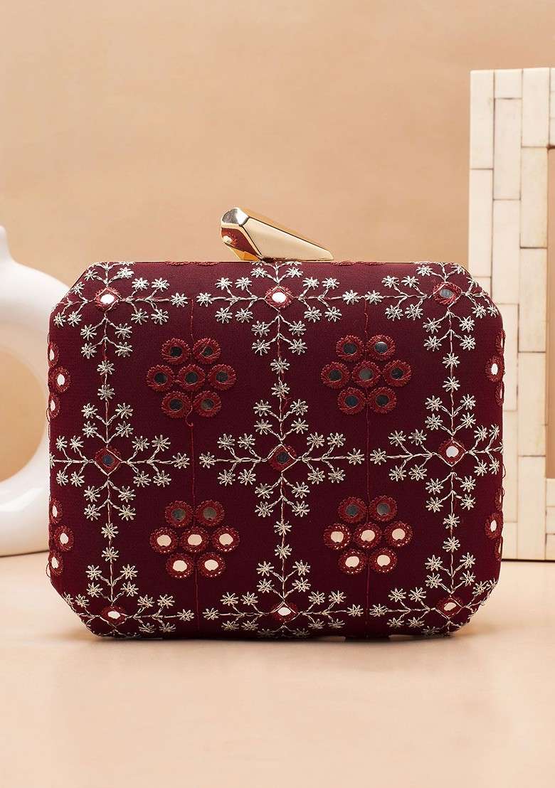 Maroon Embroidered Satin Clutches - Indya